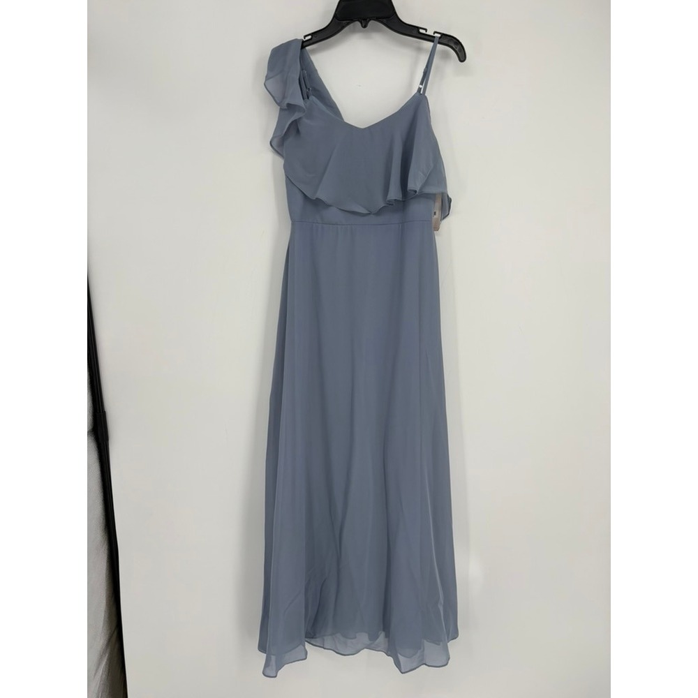 NWT Birdy Grey Dress Womens XL Dusty Blue Janie One Shoulder Chiffon Maxi Gown